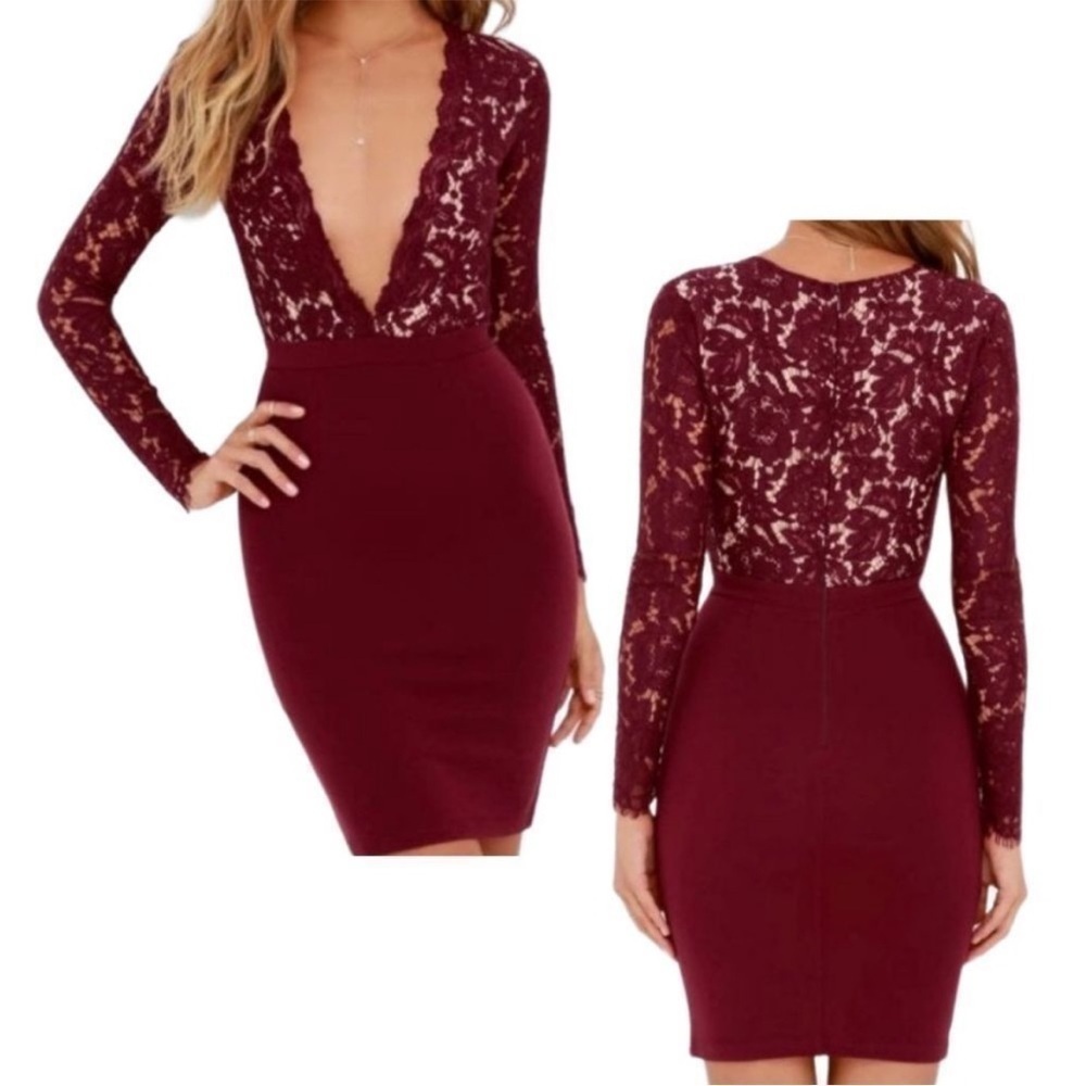 Lulu’s Burgundy Plunging Neck Lace Bodycon Dress Sz S